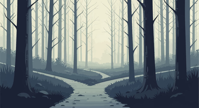A vector illustration of a misty forest landscape with a path that forks into two diverging directions through dark tree silhouettes and dense fog in a muted color palette.
