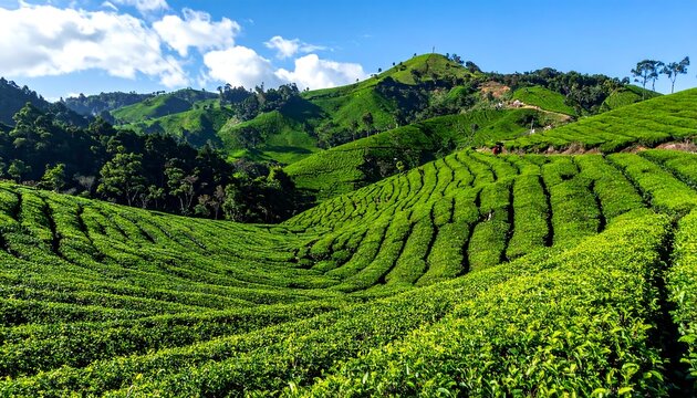 Rolling green tea plantations cover hills under a blue sky dotted with clouds on a bright, sunny day