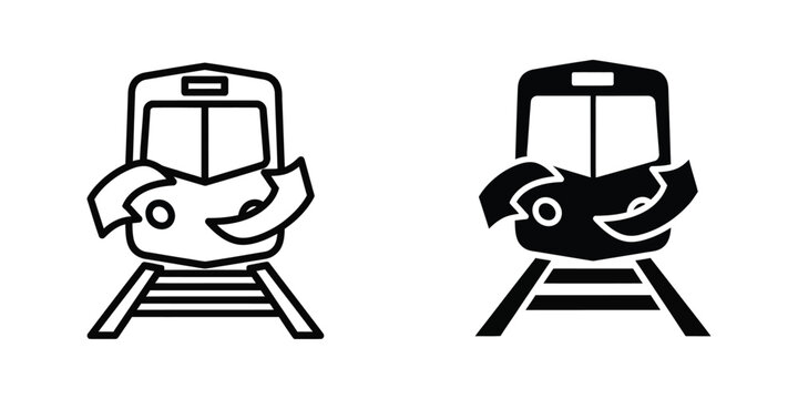 Two stylized trains facing each other on parallel tracks with a fan effect