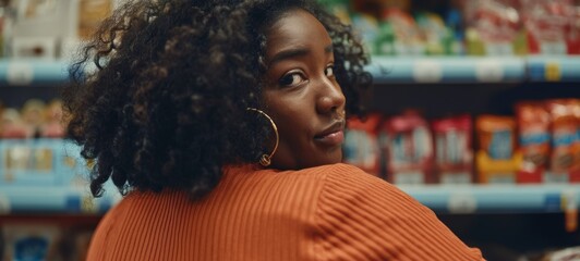 Obraz premium Woman in an orange sweater at a grocery store.