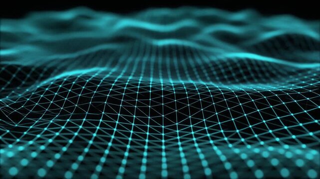 Glowing cyan mesh waves rippling across a dark abyss in this seamless digital animation loop providing high tech background motion footage element
