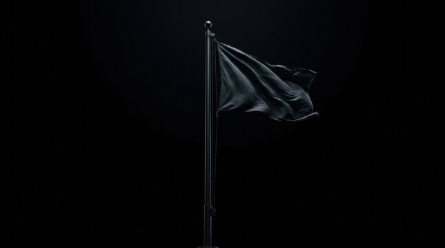 A plain black flag with visible fabric texture waves on a dark pole against a completely black background