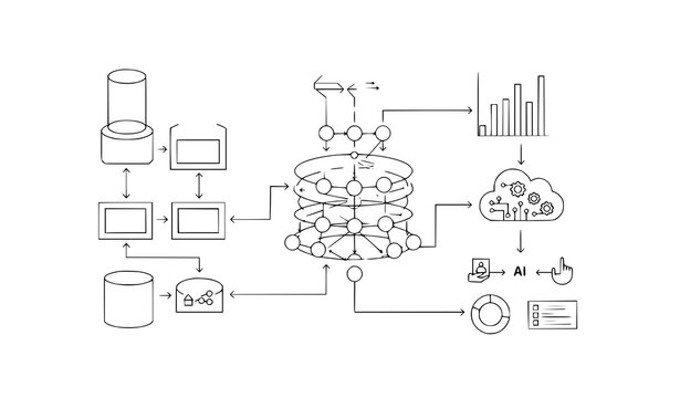 A detailed vector graphic illustrating a complex data processing flowchart with AI integration