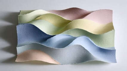 Obraz premium Wavy layers of pastel colored leather sheets in shades of pink, yellow, green, blue, and beige on a gray background