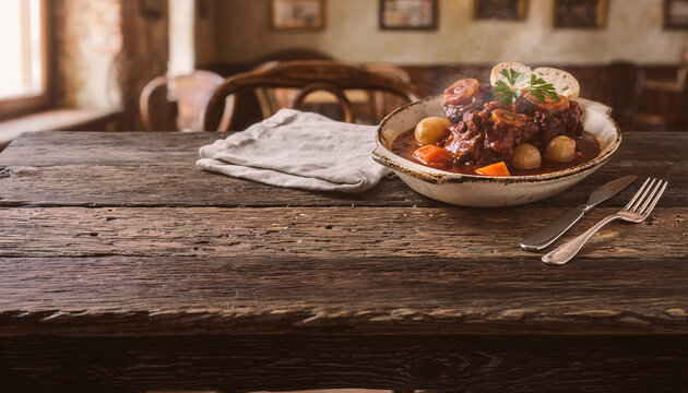 Steaming traditional Spanish oxtail stew served in a rustic bowl on a weathered dark oak table in a cozy caf&eacute; restaurant, featuring large copy space and warm natural lighting