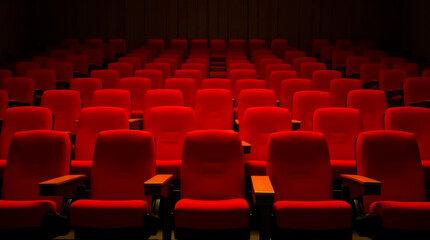 Obraz premium A red movie theater with empty seats. The chairs are red and the theater is dark