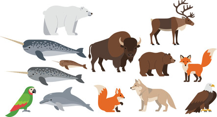 Wild Animals Vector Illustration Set Featuring Polar Bear, Bison, Reindeer, Fox, Wolf, Dolphin, Narwhal, Eagle, Parrot, and More in Flat Cartoon Style. © MstSuborna