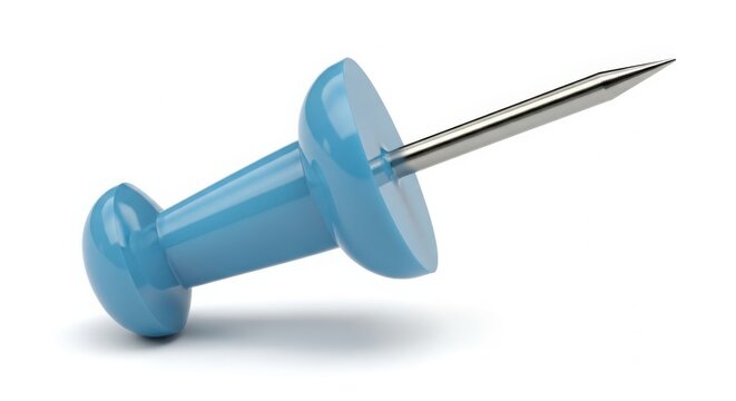 A sleek blue push pin with a metallic pinhead resting on a plain surface