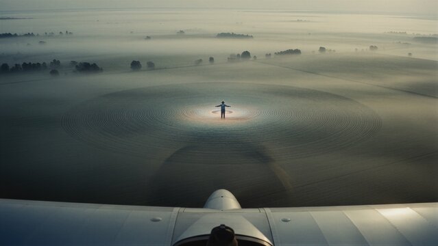 Man standing in center of mysterious circular crop formation in foggy field viewed from aircraft. Science fiction sight of alien contact or paranormal activity in rural landscape. UFO mystery.