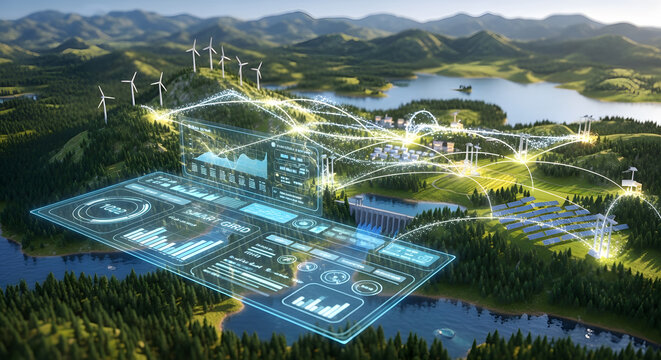 Futuristic smart grid energy network with wind turbines and solar panels at dusk