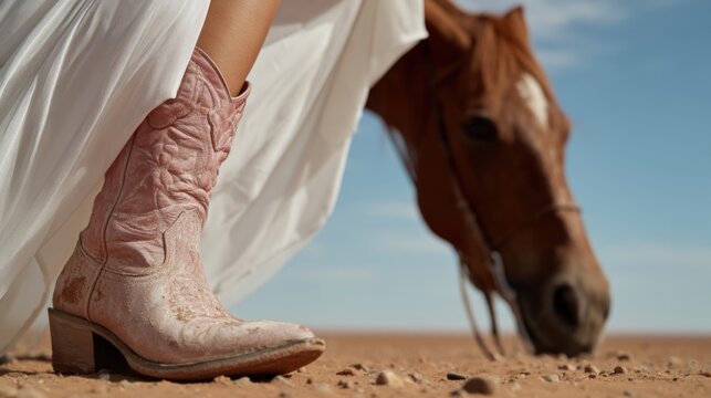 Pink cowgirl boots and horse in desert landscape under clear sky