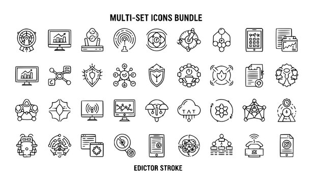 A collection of various business and technology icons in a multi-set bundle