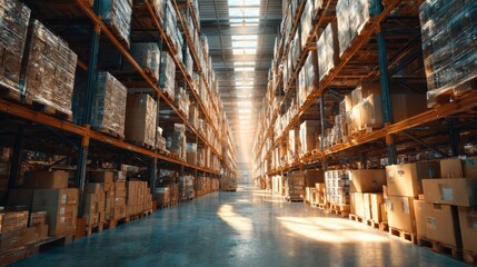Fototapeta premium Brightly Lit Warehouse Aisle with Shelves Stacked High with Pallets and Cardboard Boxes in Industrial Setting