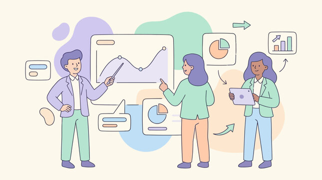 Three cartoon people analyzing business data and charts in a collaborative work environment with various graphs and visualizations.