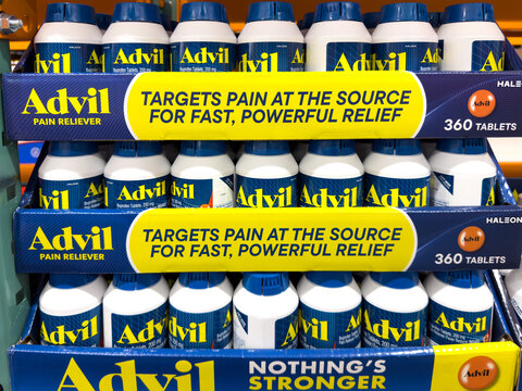 Advil Ibuprofen 200mg pain reliever 360 count tablets on shelf