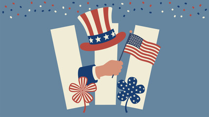 Obraz premium Hand holds an American flag and Uncle Sam hat surrounded by clover shapes and confetti