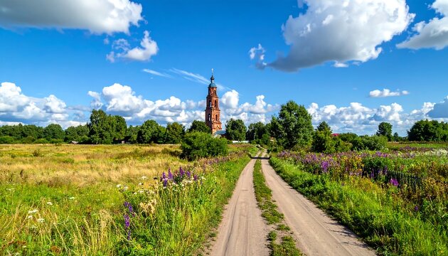 Rural landscape with brick tower, path, meadow under bright sky with fluffy clouds on summer day