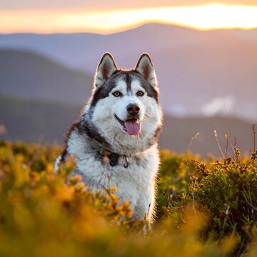A stunning photo of a dog with striking blue eyes, sitting in grassy terrain, facing forward, with a backdrop of layered mountain peaks