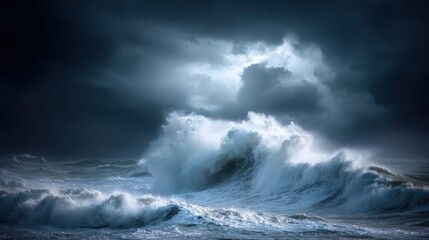 Fototapeta premium Dramatic Ocean Waves Under Dark Stormy Clouds with Illuminated Skies in a Powerful Display of Nature's Fury