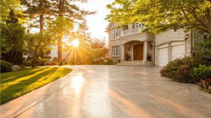 Obraz premium Bright Sunrise Over Luxury Home with Lush Green Landscape and Beautiful Driveway in Residential Neighborhood