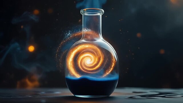 Glowing orange galaxy energy swirling inside glass flask with pouring blue liquid motion visual effect captured in high quality digital animation footage