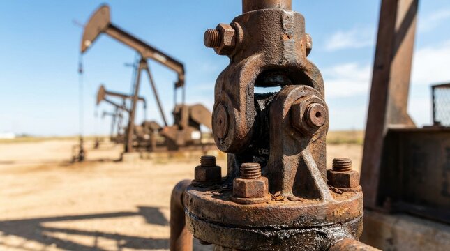 Close up of rusty oily pumpjack machinery in an arid field Blurred oil derricks operate under a clear blue sky