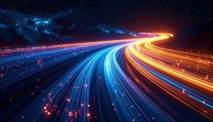 Fototapeta premium Digital Highway: Illustrates a luminous data stream traversing through a cosmic space, symbolizing digital connectivity and technological advancement.