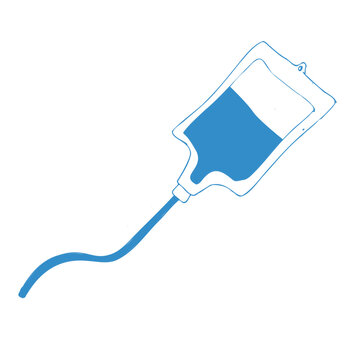 Medical transfusion, donation pack, IV drip vector doodle illustration. Plasma, blood transfusion. Intravenous injection, liquid drugs, chemotherapy outline hand drawn vector icon in blue color.
