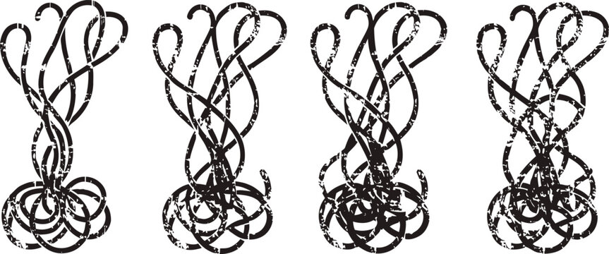 abstract black ink calligraphy designs with intricate swirls and loops in various symmetrical shapes