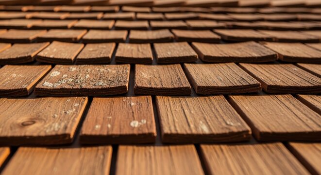 Close-up of overlapping rough-cut cedar wood shingles showcasing natural texture and grain pattern