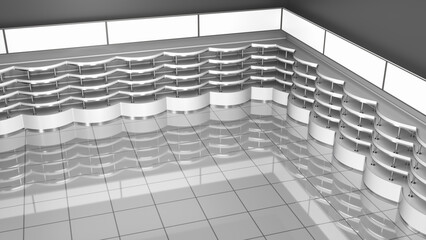 Fototapeta premium Top view of a empty store with rounded wall shelves and blank glowing wall banners. 3d illustration