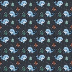 Colorful narwhals and coral pattern on a dark background showcasing marine life in a playful design for textiles and decor © Larysa