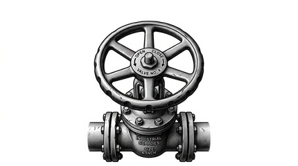 Naklejka premium Monochrome illustration of a vintage industrial gate valve with an operational handwheel 'OPEN' 'CLOSE' and 'SIZE 6