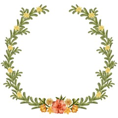 Fototapeta premium Floral wreath design with yellow and orange flowers and green leaves suitable for invitations or decorations