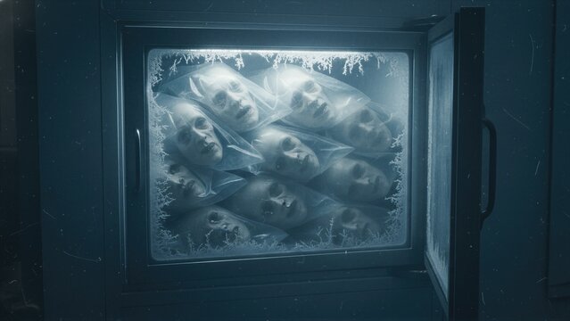 Alien faces in plastic bags stored in a freezer compartment. Extraterrestrial beings captured and preserved in ice. Science fiction concept of secret lab experiment and alien discovery.