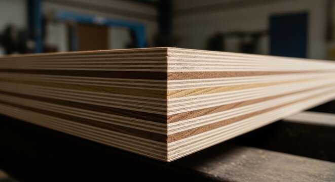 Close up of layered birch plywood showing alternating wood grain patterns and visible glue lines