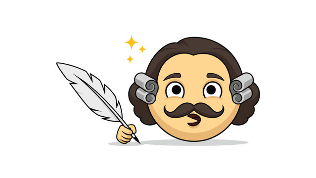 Cute cartoon character resembling William Shakespeare holding a white quill pen as if writing something against a white background.