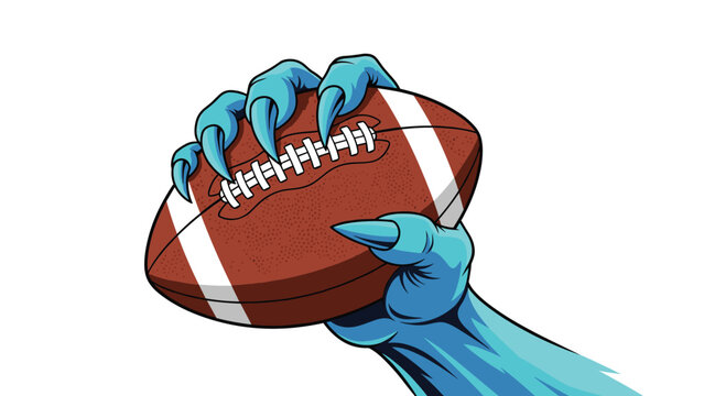 Sharp-taloned blue monster hand firmly grips an American football against a clean white background in a sports mascot style.