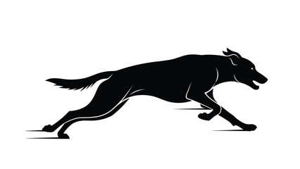 Fototapeta premium Black silhouette of a lean dog running or sprinting at high speed with its ears pinned back against a white background.