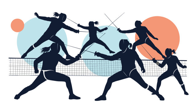 Collection of dark blue silhouettes showing fencers in various combat lunges and parries with swords against colorful circle shapes.