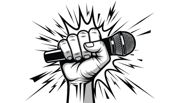 Strong fist tightly clenching a professional microphone against a black and white explosive background symbolizes vocal power.