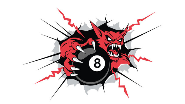 Fierce red devil character with sharp teeth and claws tearing through paper while holding a billiard eight ball for a pool team logo.