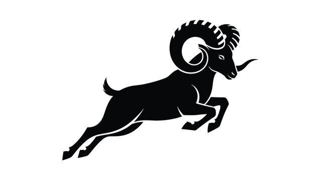 Strong bighorn sheep ram silhouette jumping through the air with large curved horns for sports mascot logo design.