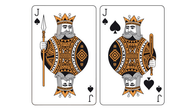 Close up of two Jack of Spades playing cards from a standard deck showing the traditional court figure illustration with weapons and armor.