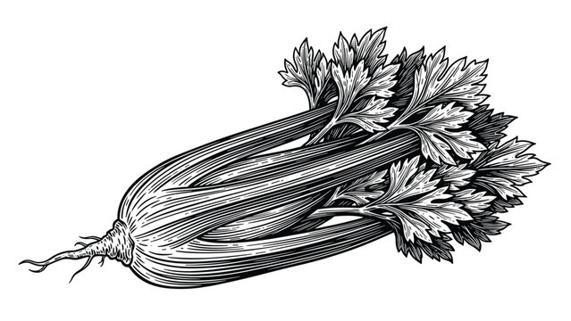 Realistic detailed engraving of fresh celery stalks with leafy tops isolated on a white background for food themes.