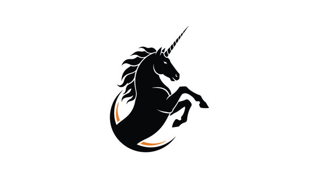 Black silhouette of a majestic rearing unicorn with a flowing mane and tail isolated on a white background for fantasy and magic themes.