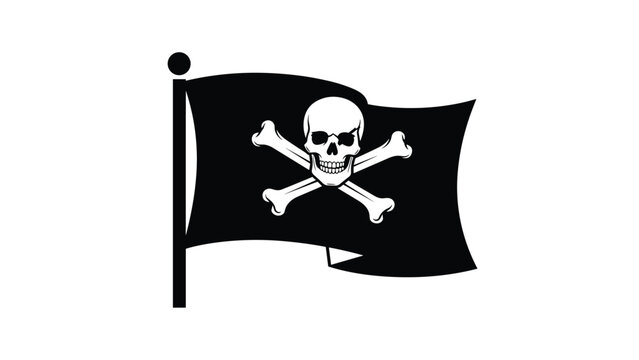 Classic black pirate flag known as the Jolly Roger featuring a white skull and crossbones waving on a flag pole.