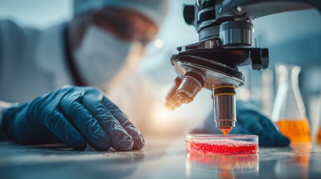 Laboratory Research Conducted with Precision Using Microscope and Petri Dish Filled with Red Liquid Sample
