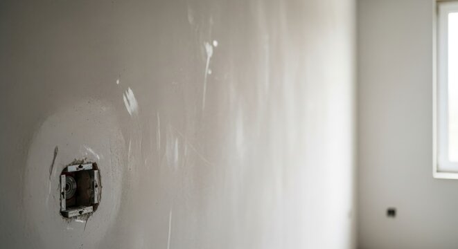 Bare unfinished plaster wall surface with faint scuffs and paint splatters