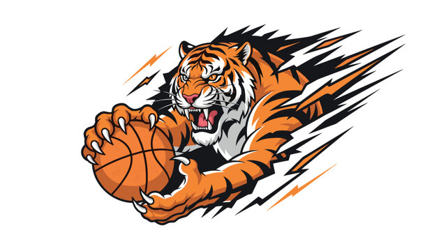 Dynamic tiger mascot bursting through a surface while clawing a brown basketball with an aggressive roaring expression.